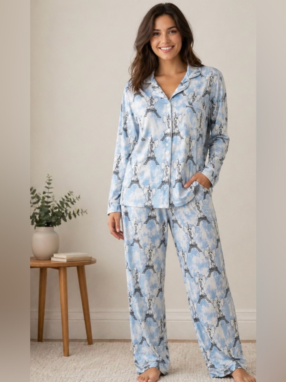 BedHead Pajama Set Womens Medium Light Blue Eiffel Tower Bow Long Sleeve Pants